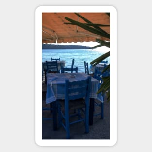 Scenic view on Mediterranean sea from Greek restaurant with blue chairs Sticker